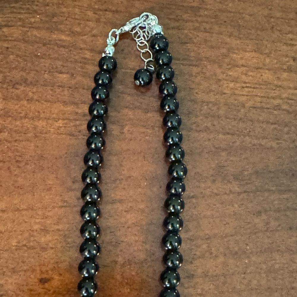 Blue Milky Opal, Simulated, Silver Plated Pendant, Black Beaded Boho Necklace - Picture 4 of 11